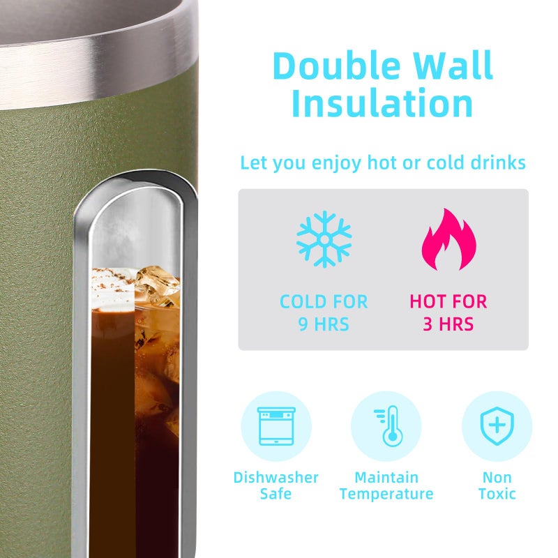 Volhoply 14oz Insulated Stainless Steel Coffee Mug with Leakproof Lid Double Wall Vacuum Travel Coffee Cup with Handle Reusable Cups Tumbler Camping Mugs Keep Hot Ideal Gifts(Army Green 1) - Image 3
